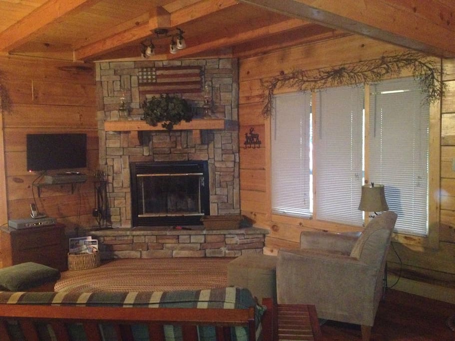 Rock Fireplace and spacious living area.