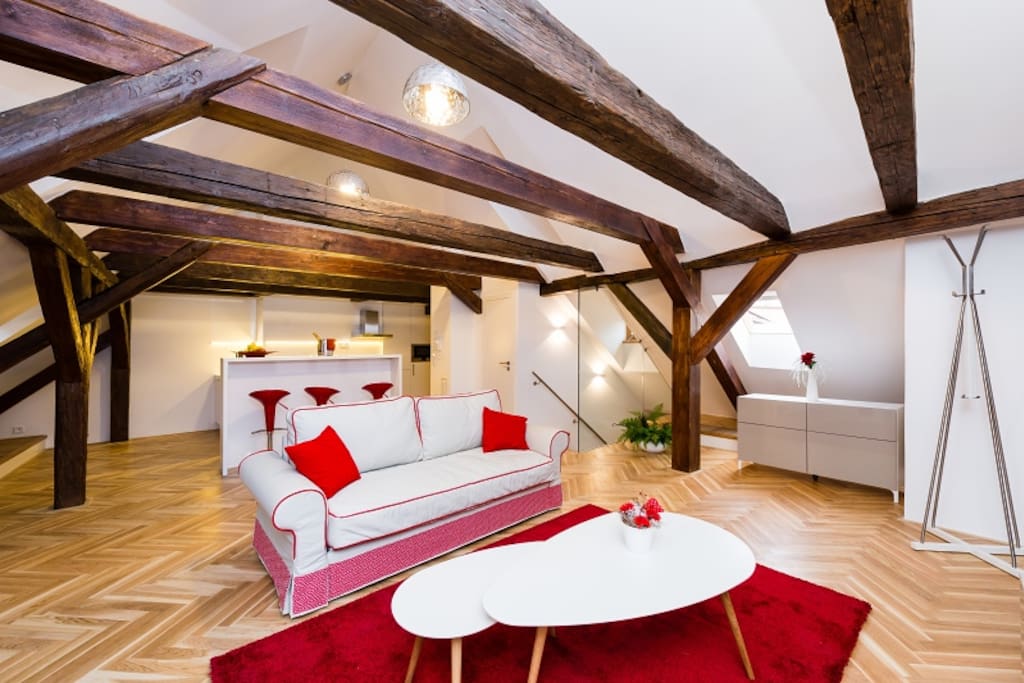 Huge living area with kitchen and living room.