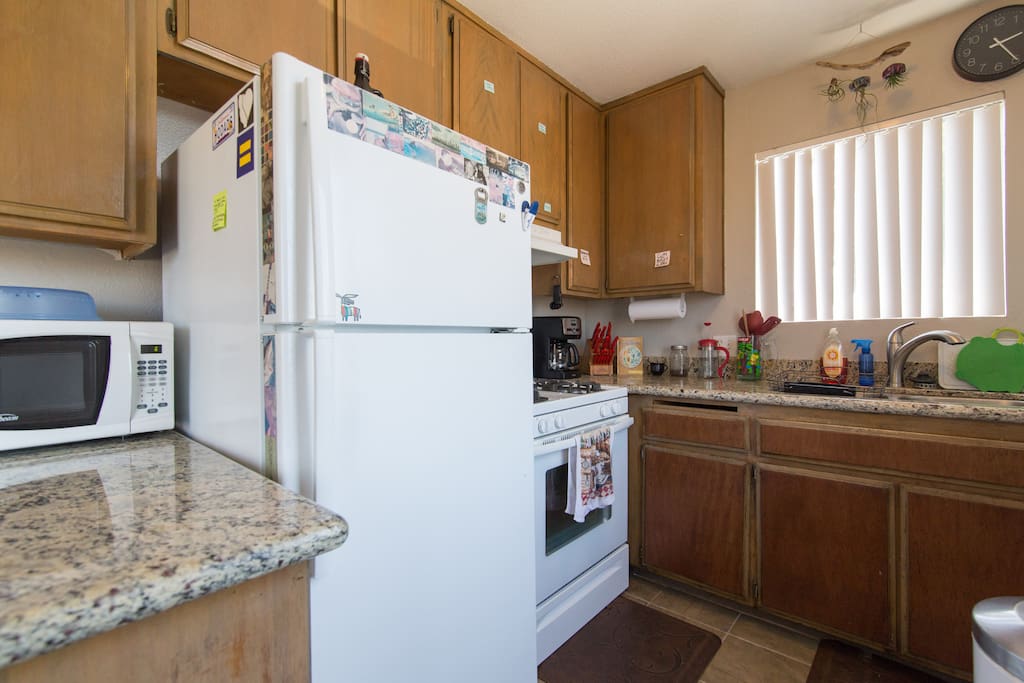 Your stocked kitchen, complete with a Cutco Knife set, pots & pans, coffee maker, and plenty of fridge space for your leftovers.