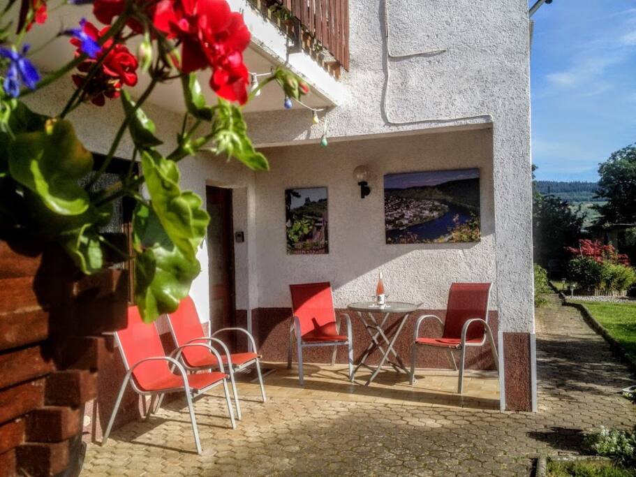 Holiday flat entrance and patio