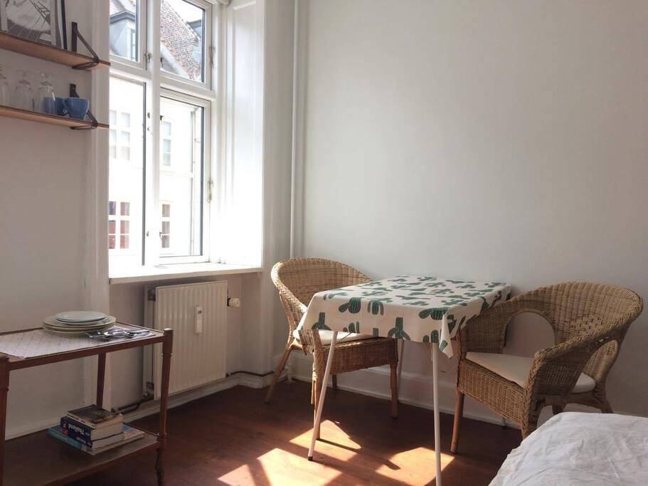 The room: table, chairs, light kicthen equipment