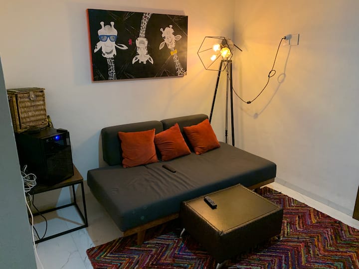 Sala de TV en caso de necesitar persona adicional, existe este sofá cama en el que puede dormir alguien adicional. Puedes hacer uso de la Sala de TV con Totalplay.