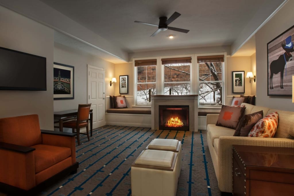 Living area with fireplace and comfy pull out sofa