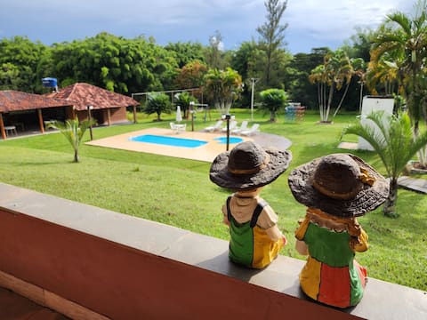 Site with swimming pool, spa, sauna and football pitch.