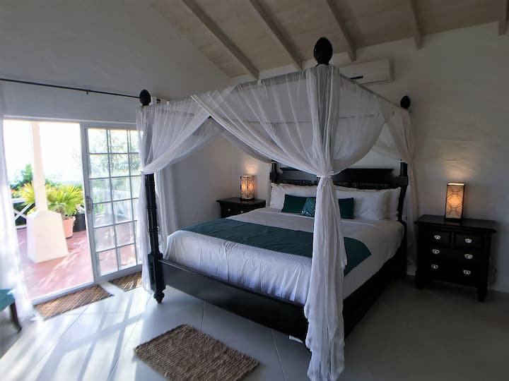 Master Bedroom with full en-suite bathroom. King canopy bed with netting. AC and ceiling fan. High, Caribbean style ceilings. Sitting area. Doors lead to outside seating and fruit garden.
Roku Smart TV with Netflix and Youtube. 
