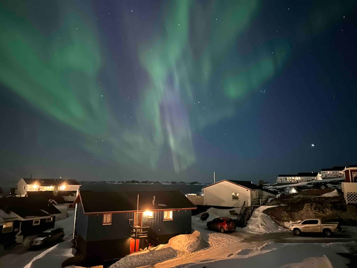 The night sky is illuminated by vibrant auroras, displaying shades of green and purple. Below, snow-covered terrain includes a cluster of homes with warm lights glowing. Shadows of nearby structures are visible, contributing to a serene winter atmosphere.