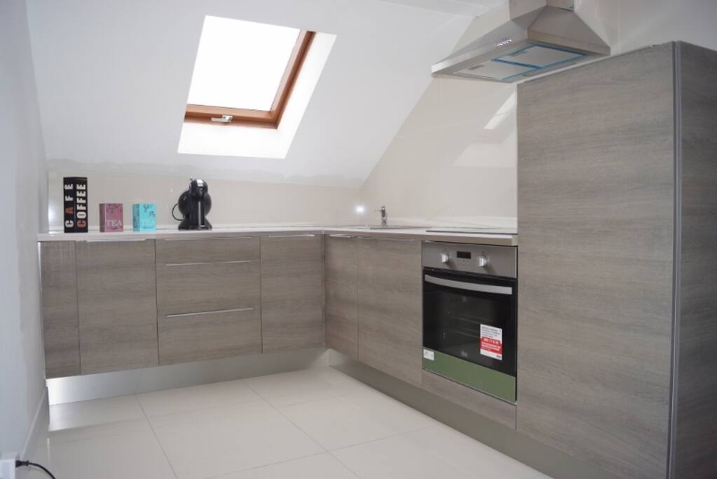 cuisine entièrement équipée et neuve; réfrigérateur avec freezer, plaque à induction, four, hotte, four micro onde, cafetière dolce gusto, bouilloire, grille pain, app à raclette et app à croque Mr...