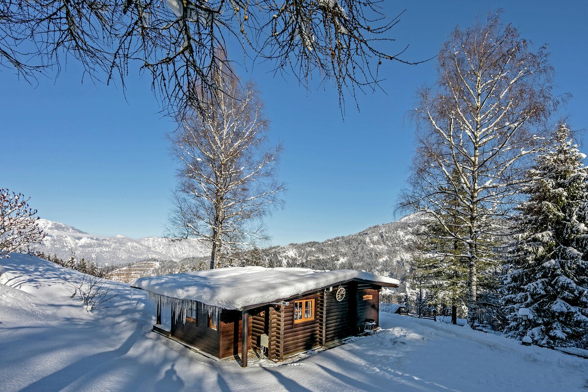 A rustic chalet is nestled amid a snowy landscape, surrounded by tall trees featuring glistening snow-covered branches. The structure's roof is blanketed in snow, and its warm wooden exterior contrasts with the bright blue sky and distant mountainous scenery.