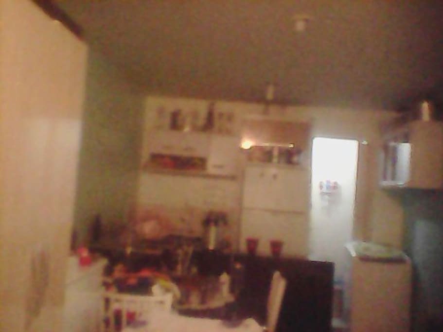 cozinha americana com fogão geladeira duplex armários e porta do banheiro