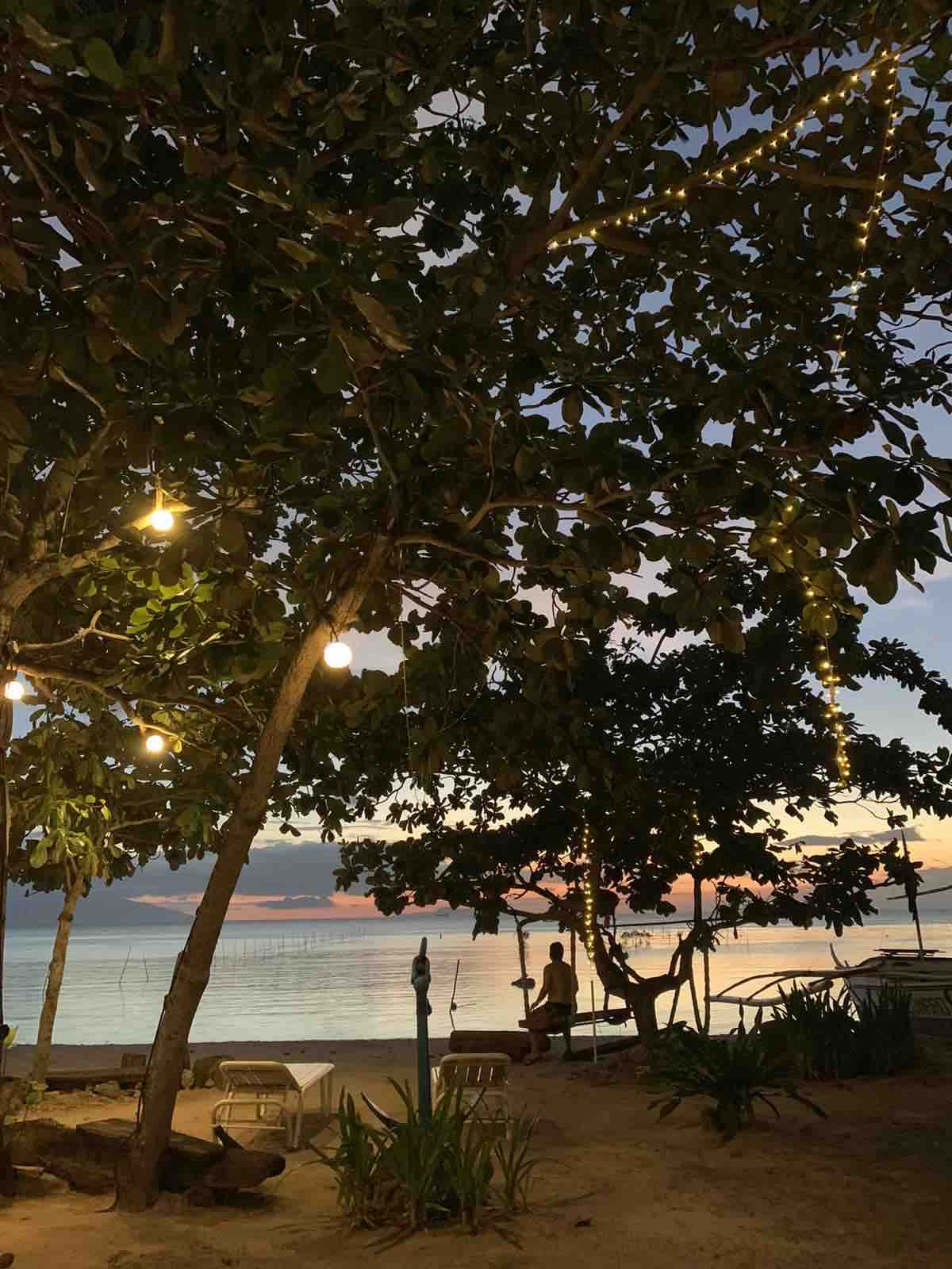 The beachside area is adorned with gently lit trees, casting a warm glow over the sandy ground. In the background, the calm sea reflects hues of orange and pink as the sun sets. A tranquil atmosphere is created by the peaceful surroundings.