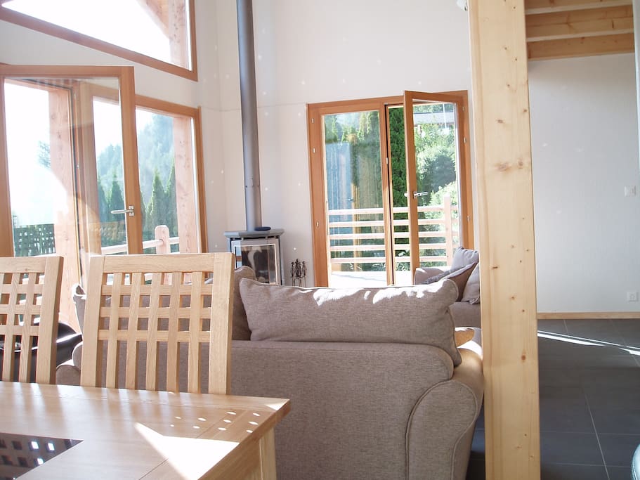 On open plan living area with wood burner