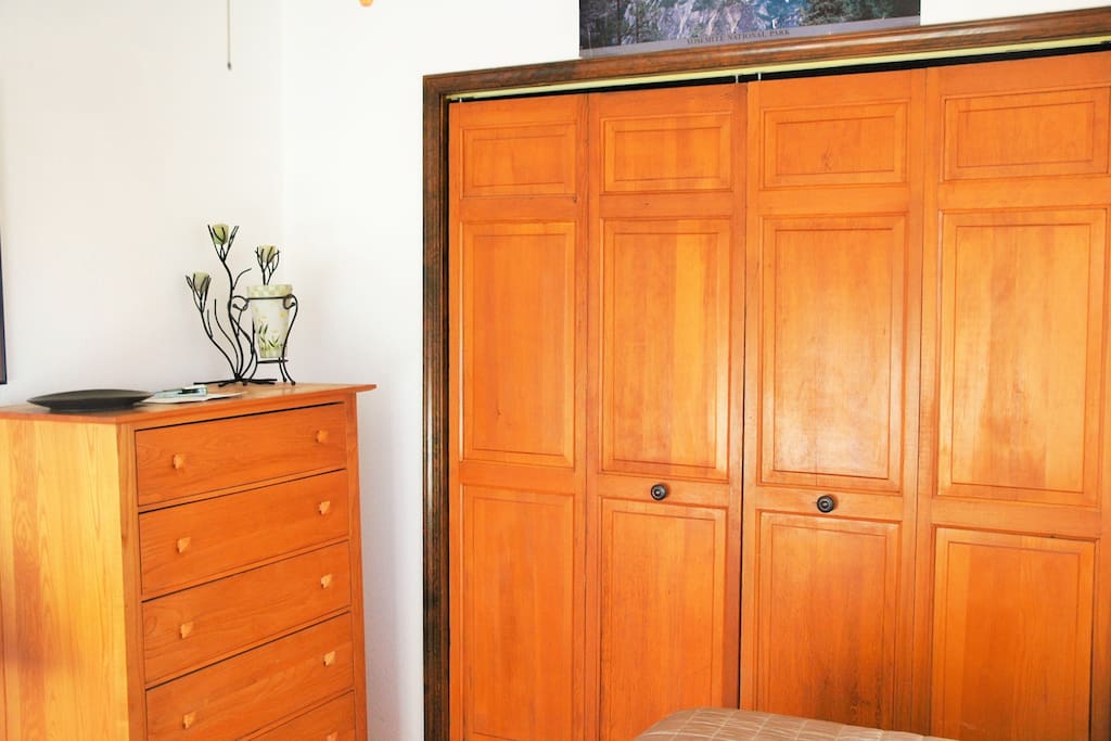 Large closet with deep shelves on each side.