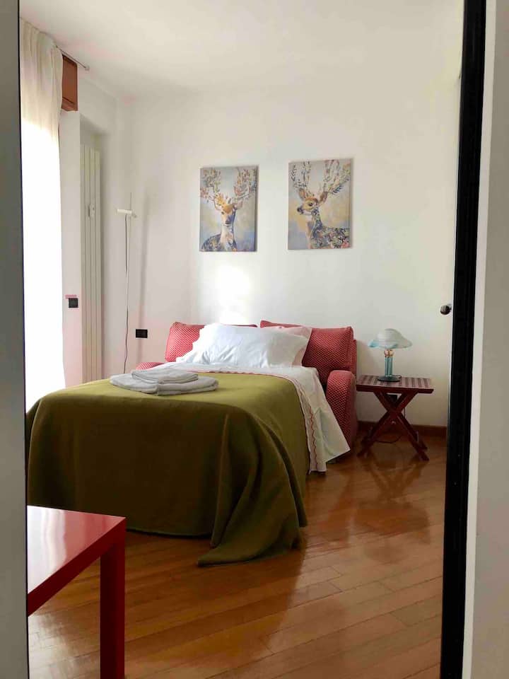 Ერთადგილიანი ოთახი გასაშლელი დივნით, რომელიც მე-6 სართულზე მდებარე ტერასას გადაჰყურებს.