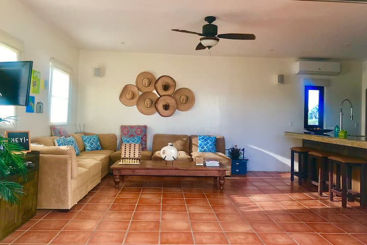 סלון עם אזור גדול, טלוויזיה חכמה עם Roku, רמקול Bluetooth ודלפק גרניט בגובה 6 רגל עם כיסאות בר. 