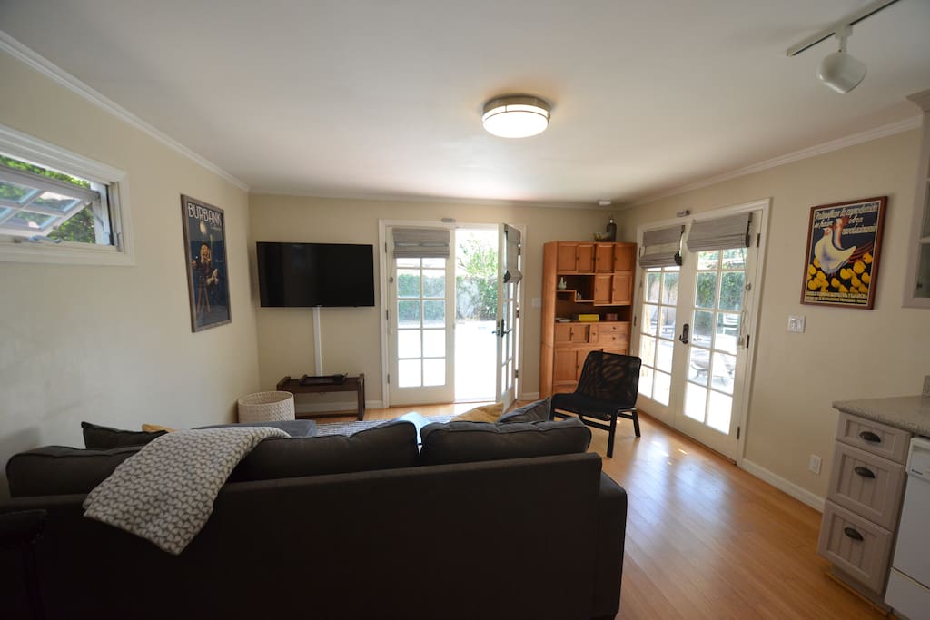 Flat screen TV with free WiFi and Roku (you bring your Netflix, Prime, Hulu and other account passwords) and beautiful view through french doors overlooking pool