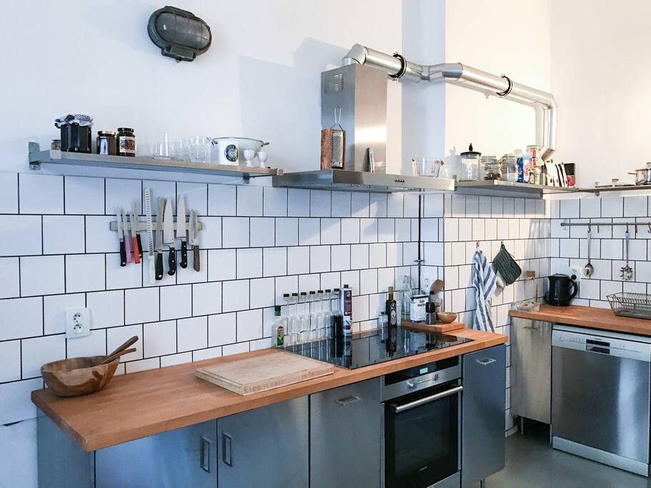 big kitchen with everything you need, including coffee machine