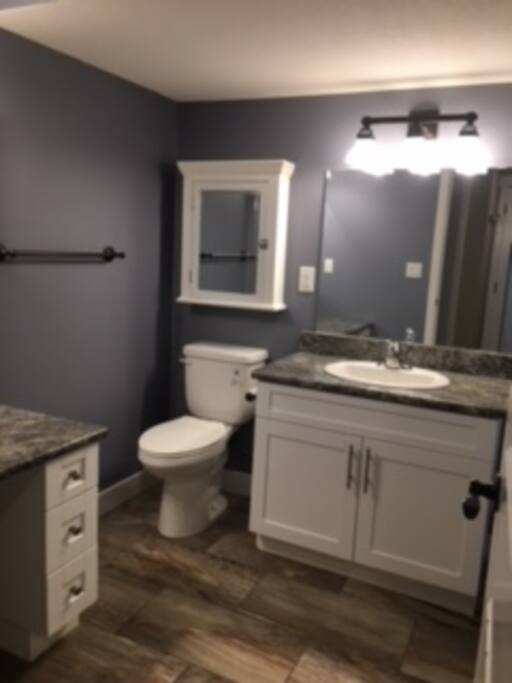 Large bathroom with mirrored, sitting area.