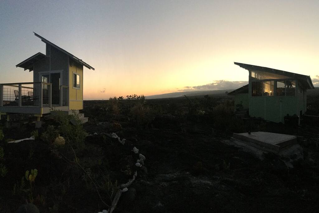 sunset with cabins in view.