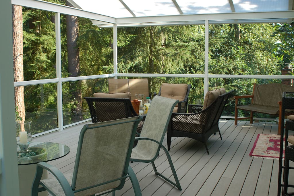 The main deck off the dining room. Available for all guests.