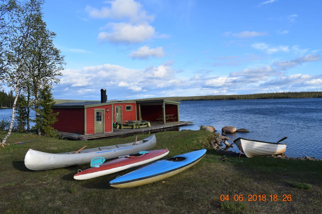 borrow boat, canoe, floating sauna with barbeque place