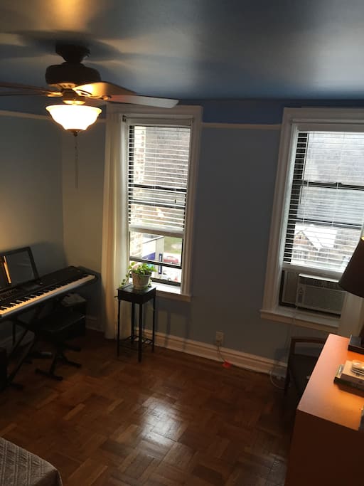 Lots of natural light with park views from two windows. In window air conditioner.