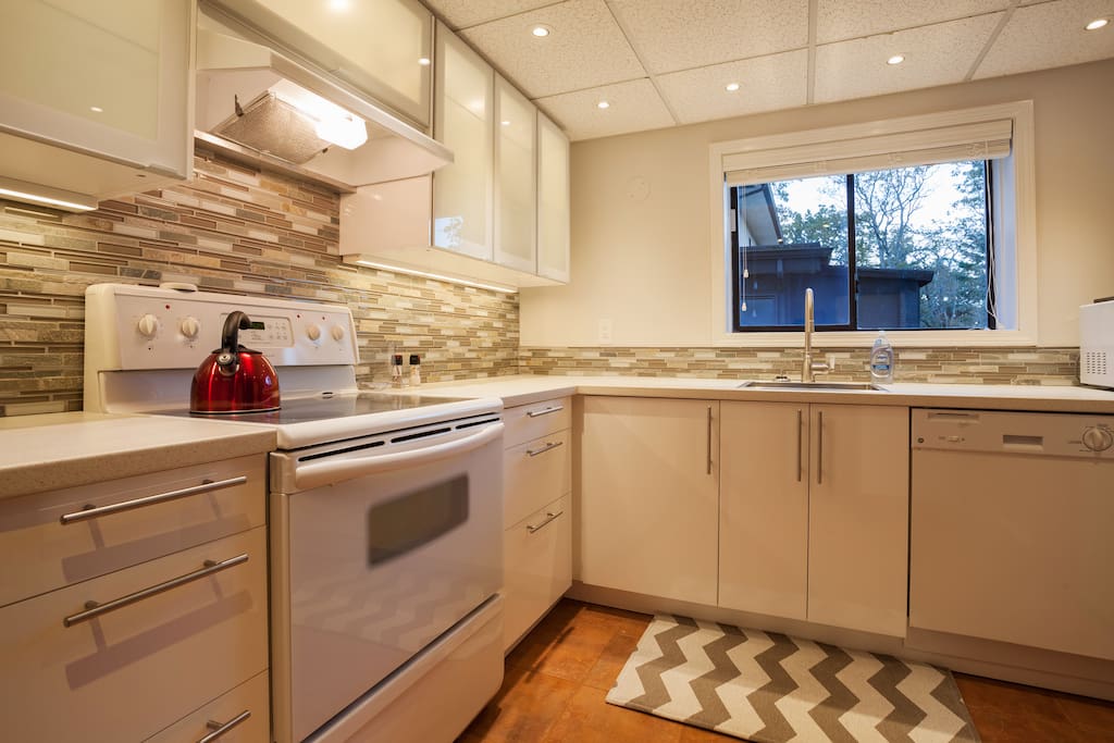Brand new kitchen with complementary coffee, full stove, oven, microwave, dishwasher, laundry.