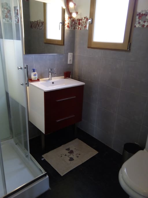 Grande cabine de douche. Salle de bain avec WC confortable.