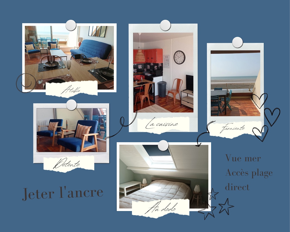 A cozy seating area features a blue sofa and wooden chairs, with a coffee table positioned in front. A well-equipped kitchen can be seen nearby, displaying modern appliances. A bright bedroom showcases a spacious bed, illuminated by natural light filtering through a skylight.