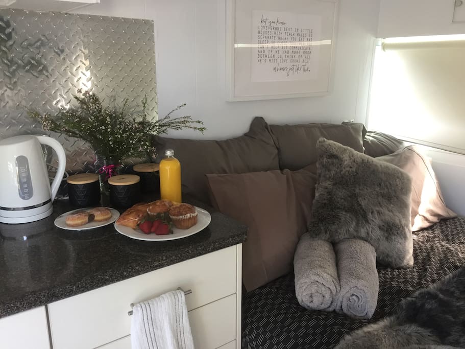 Kitchenette and luxurious queen bed.