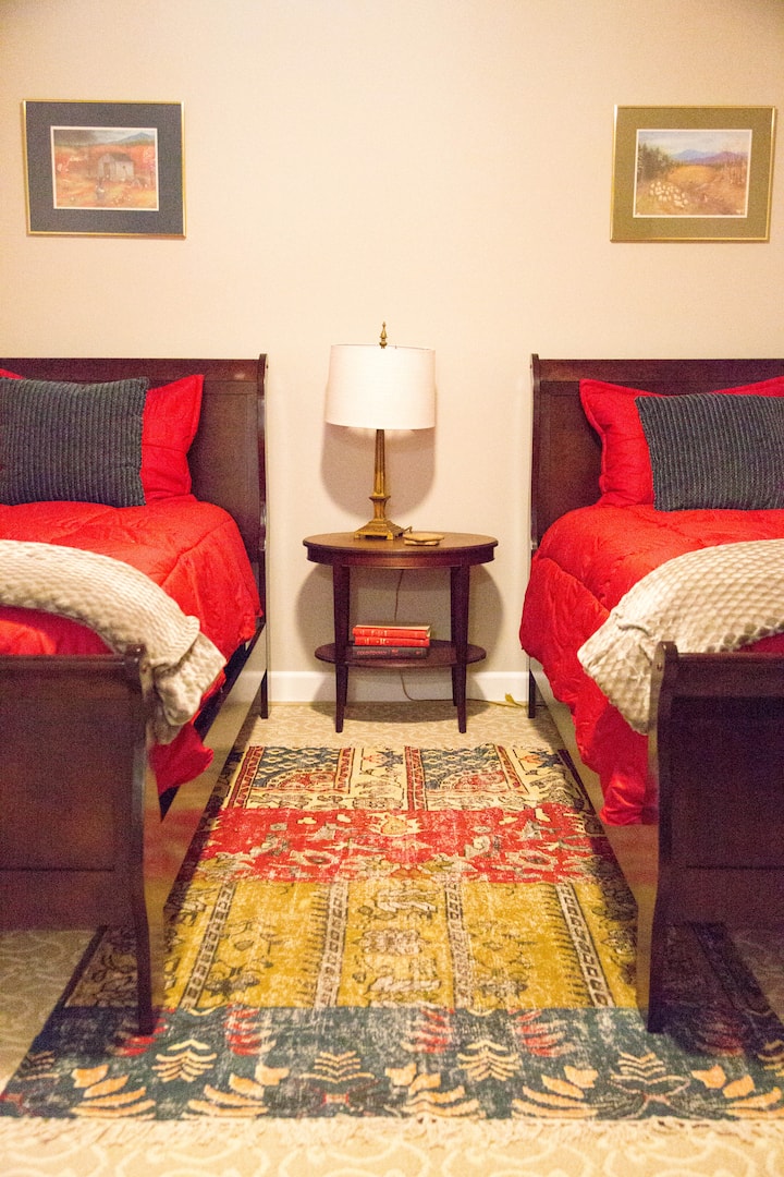 Basement bedroom with two twin beds