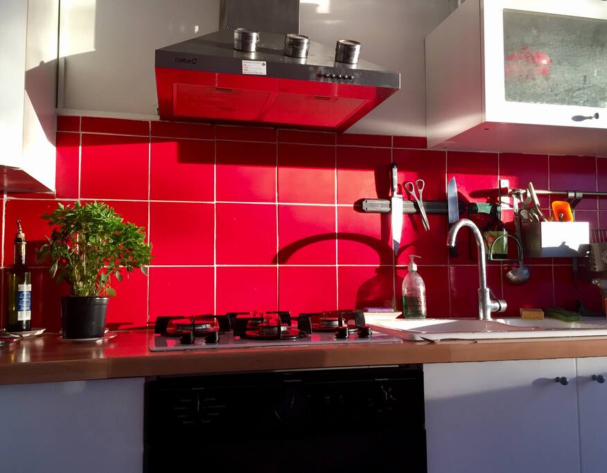 Cuisine avec gazinière, four, four micro-ondes, lave-vaisselle, lave-linge, équipement complet.