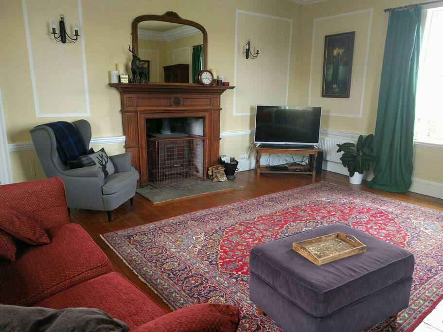 Living room with woodburning stove, fireplace, TV, PS3
