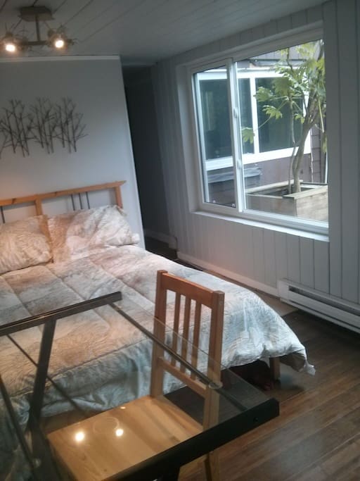 Double bed with two large windows (same wall for both)