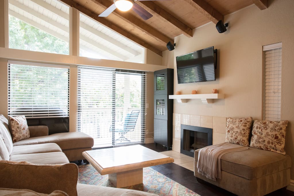 Another view of the family room.. 48" streaming Roku TV that includes access to our Time Warner cable App that includes over 2000 channels. You can also sign into your Netflix, Amazon, Pandora etc accounts