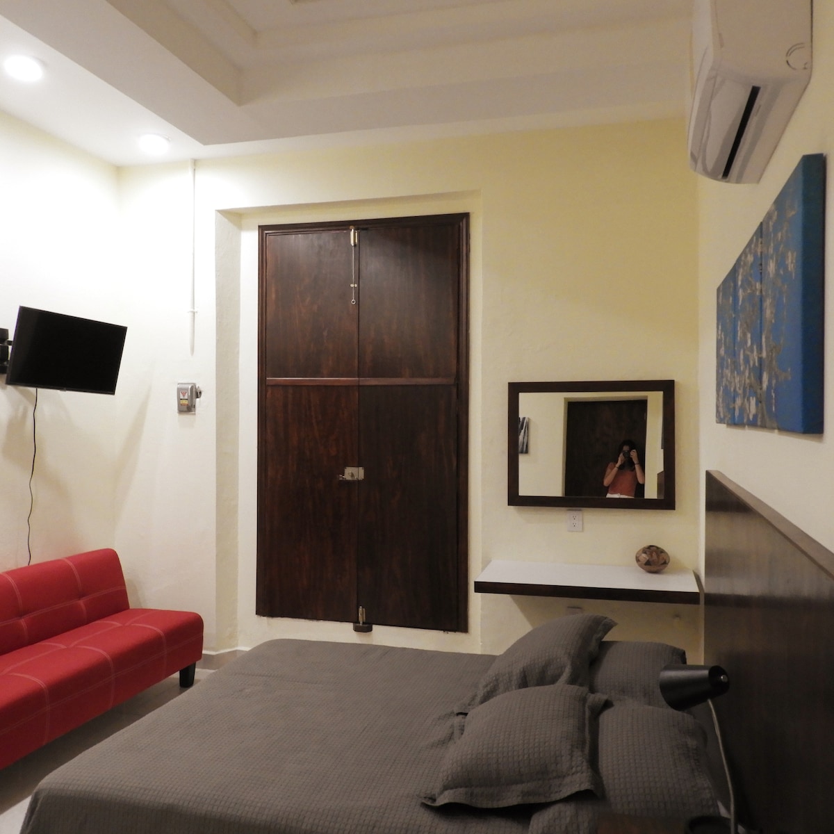 Dhoma 1 me dritare në rrugë, divan-krevat dhe TV me kabllo dhe Netflix