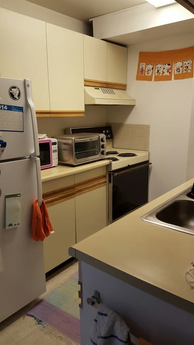 Kitchen with compact w/d, microwave, toaster oven.