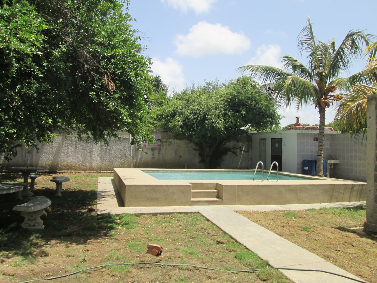 A private pool is framed by lush greenery, featuring steps leading into the water. Surrounding the pool is a grass area, with stone tables and seating visible nearby, contributing to a relaxed outdoor space. Palm trees provide shade next to the well-maintained environment.