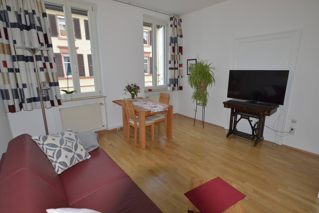 Großes Wohn- und Esszimmer mit hochwertigem Lederschlafsofa (geschlossen) und großem TV