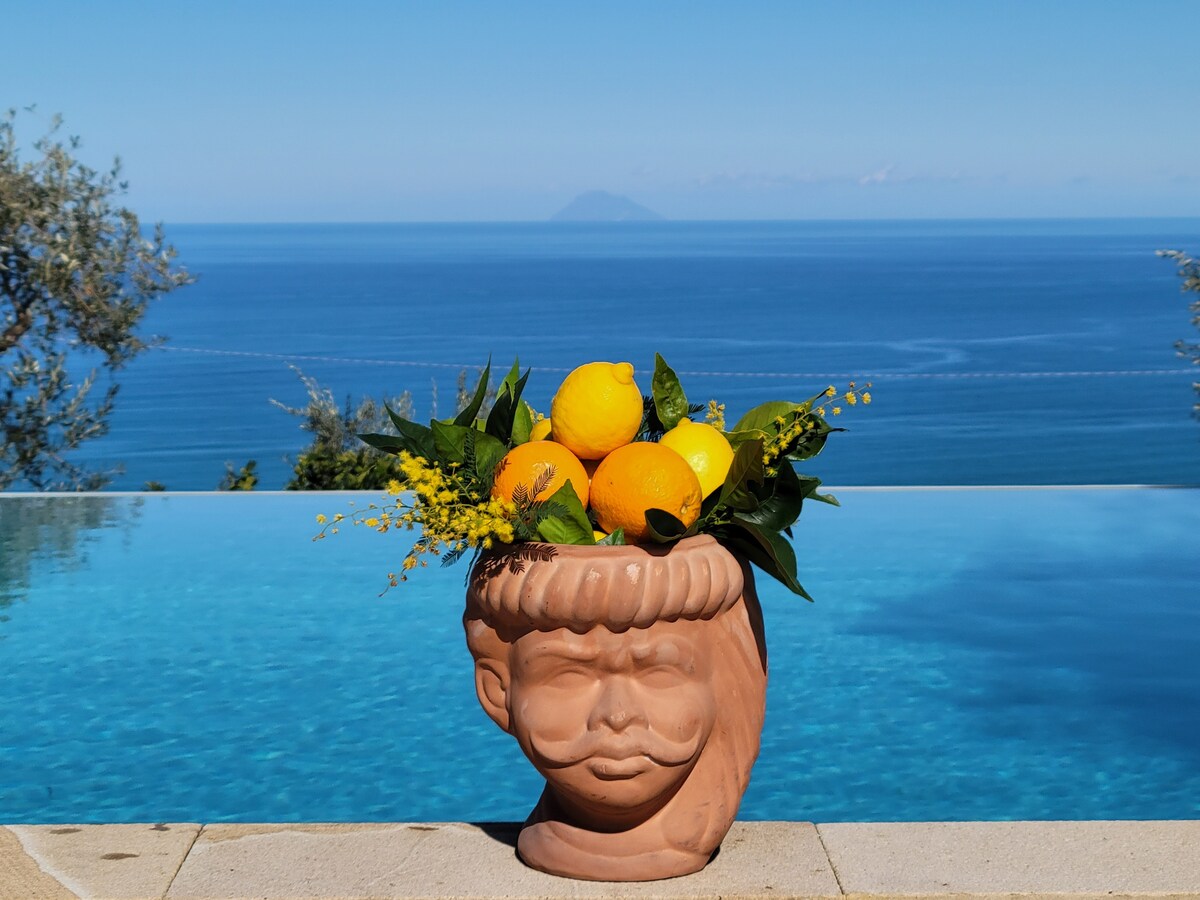A terracotta pot displays a vibrant arrangement of oranges and yellow flowers, set against a backdrop of a serene infinity pool. The expansive view of the sea stretches toward distant islands, with a clear blue sky framing the scene.