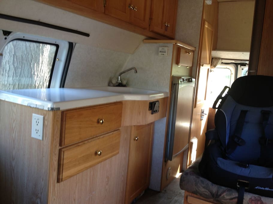 Counter, Fridge and Sink.