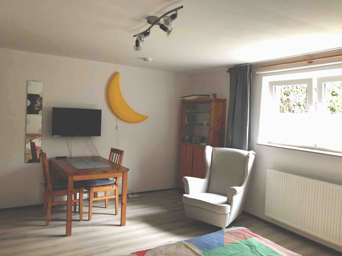A bright living-sleeping area is presented, featuring a dining table with wooden chairs, a comfortable armchair, and a television mounted on the wall. A large window allows natural light to fill the space, with a decorative moon accent on the wall adding a unique touch.