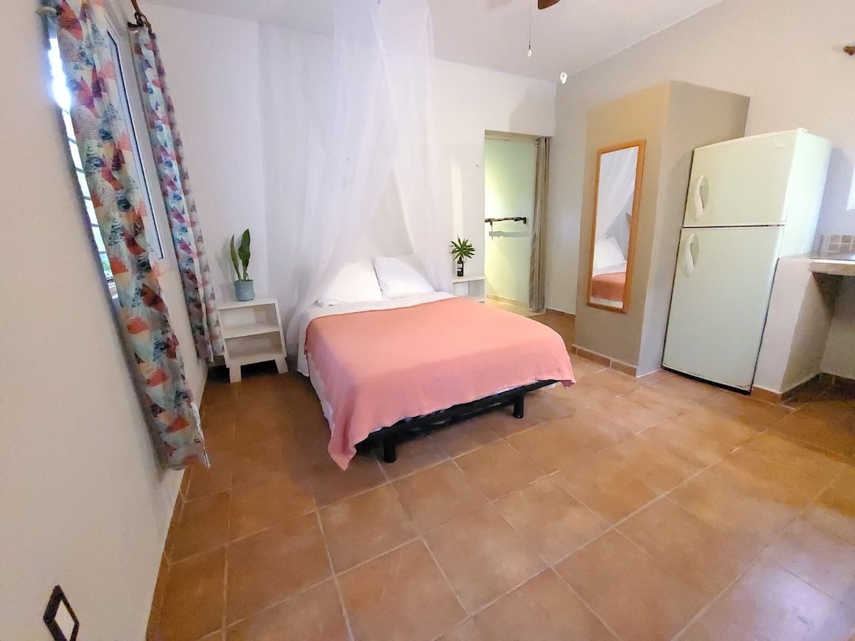 A spacious sleeping area features a double bed with a soft pink blanket, surrounded by light tile flooring. A small nightstand holds a plant, and a large mirror reflects the room's design. A kitchenette and an open doorway lead to the bathroom, enhancing convenience.