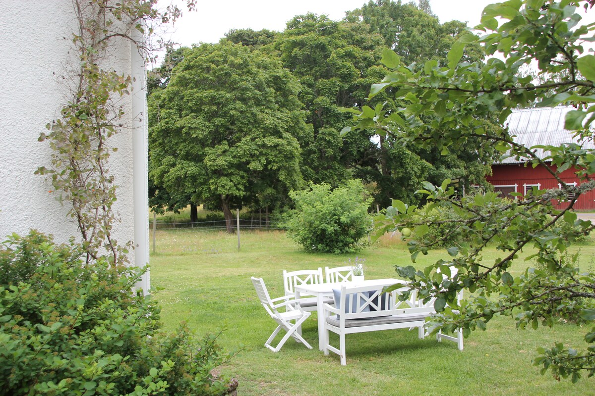 A tranquil outdoor space features white garden furniture set on a grassy area. Surrounding the seating are lush trees and greenery, creating a peaceful environment for relaxation. Nearby, a red barn adds to the rural charm, complementing the serene landscape.