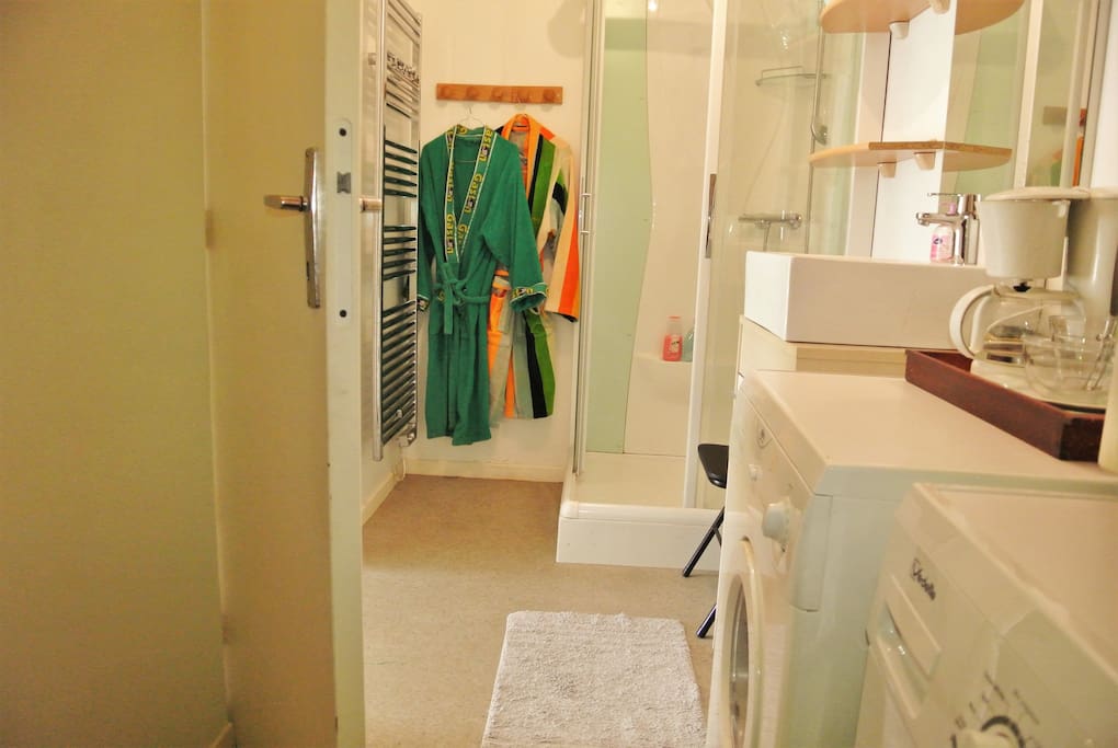 salle d'eau : douche , lavabo , cafetière micro-ondes , machines