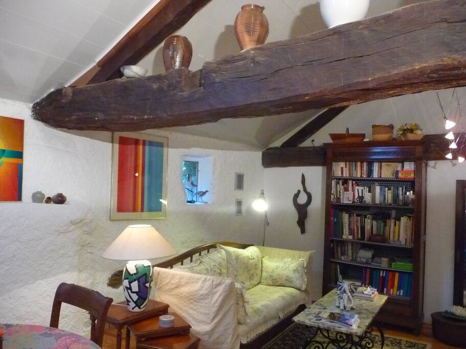 Le coin salon avec ses vielles poutres , peintures modernes et céramiques , une bibliothèque aux centres d'intérêts variés .