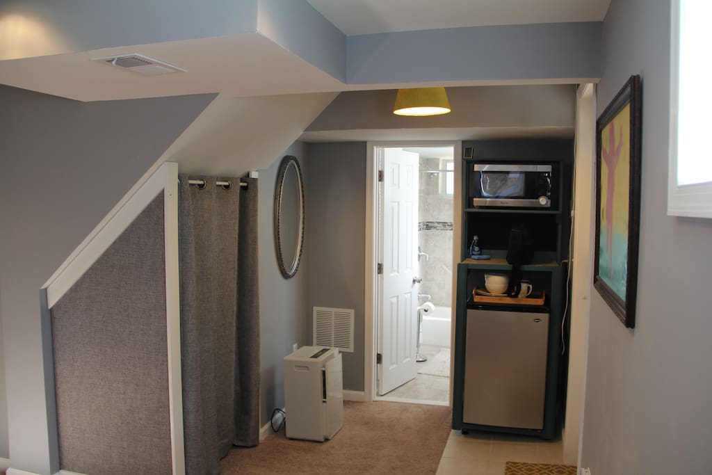 There is a mini fridge and microwave guests can use. We also keep some supplies for guests in the storage on the left.