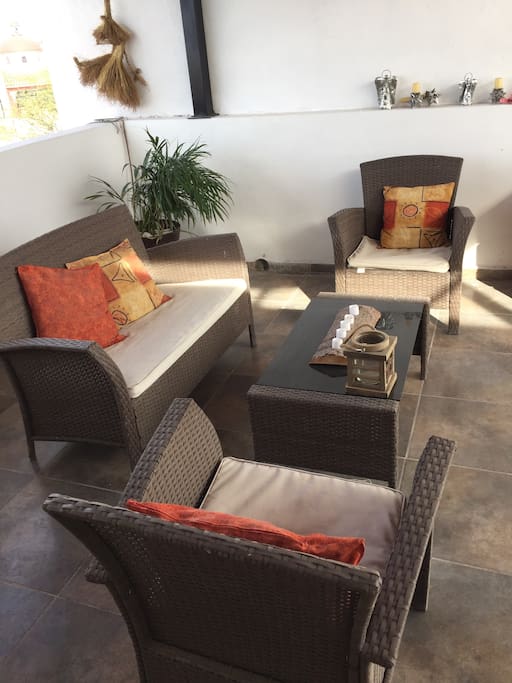 Upstairs terrace with sunset views
