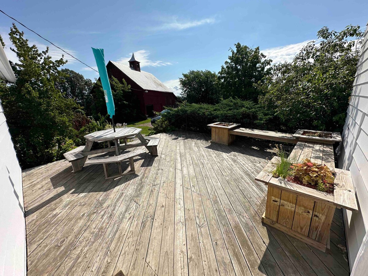 An outdoor deck features wooden flooring with a picnic table and benches arranged for seating. Planters are positioned on the edges, containing greenery. A vibrant blue flag gently flutters in the breeze, with trees and a red barn visible in the background.