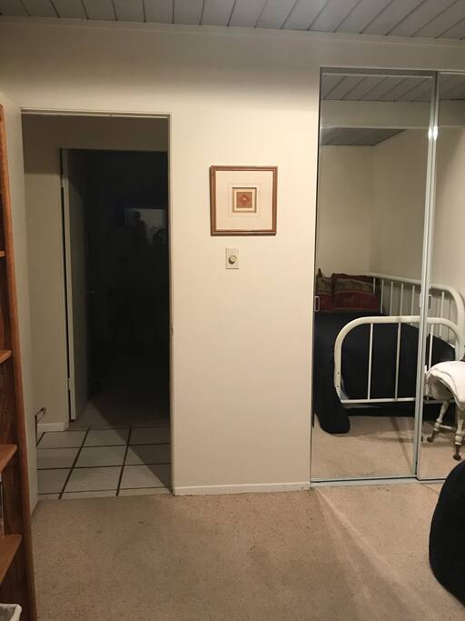 The mirrored closet and empty bookshelves are for your use.