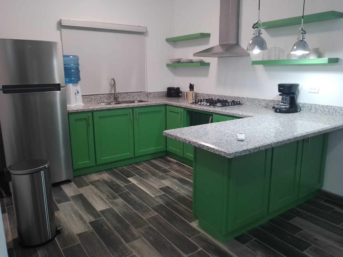 A modern kitchen showcases vibrant green cabinetry paired with a sleek granite countertop. Stainless steel appliances, including a refrigerator and coffee maker, are visible. Open shelving holds various kitchen essentials, while a water dispenser is placed on the counter, contributing to functionality and convenience.